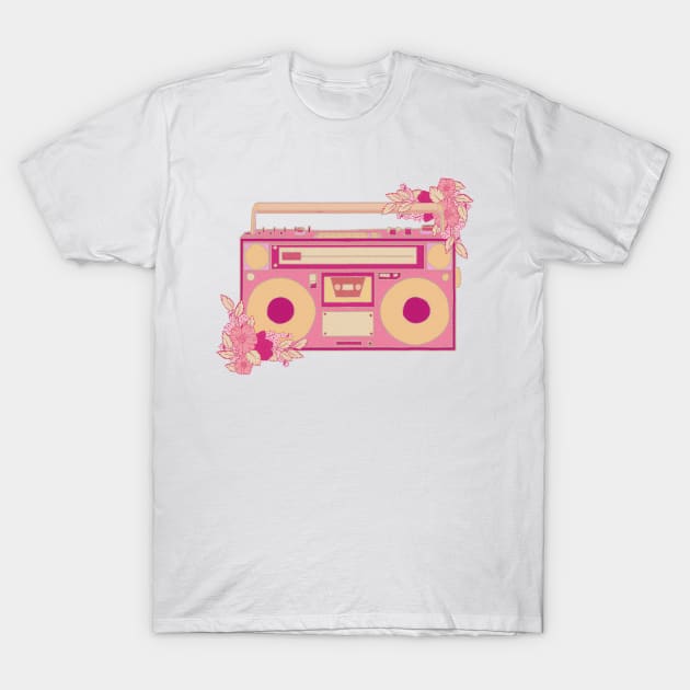 Vintage retro kawaii cassette portable media player radio stereo sticker pink and green with flowers T-Shirt by astronauticarte